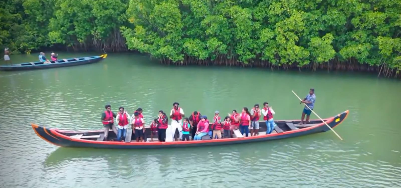 Aerial view of country boat ride through mangrove forests